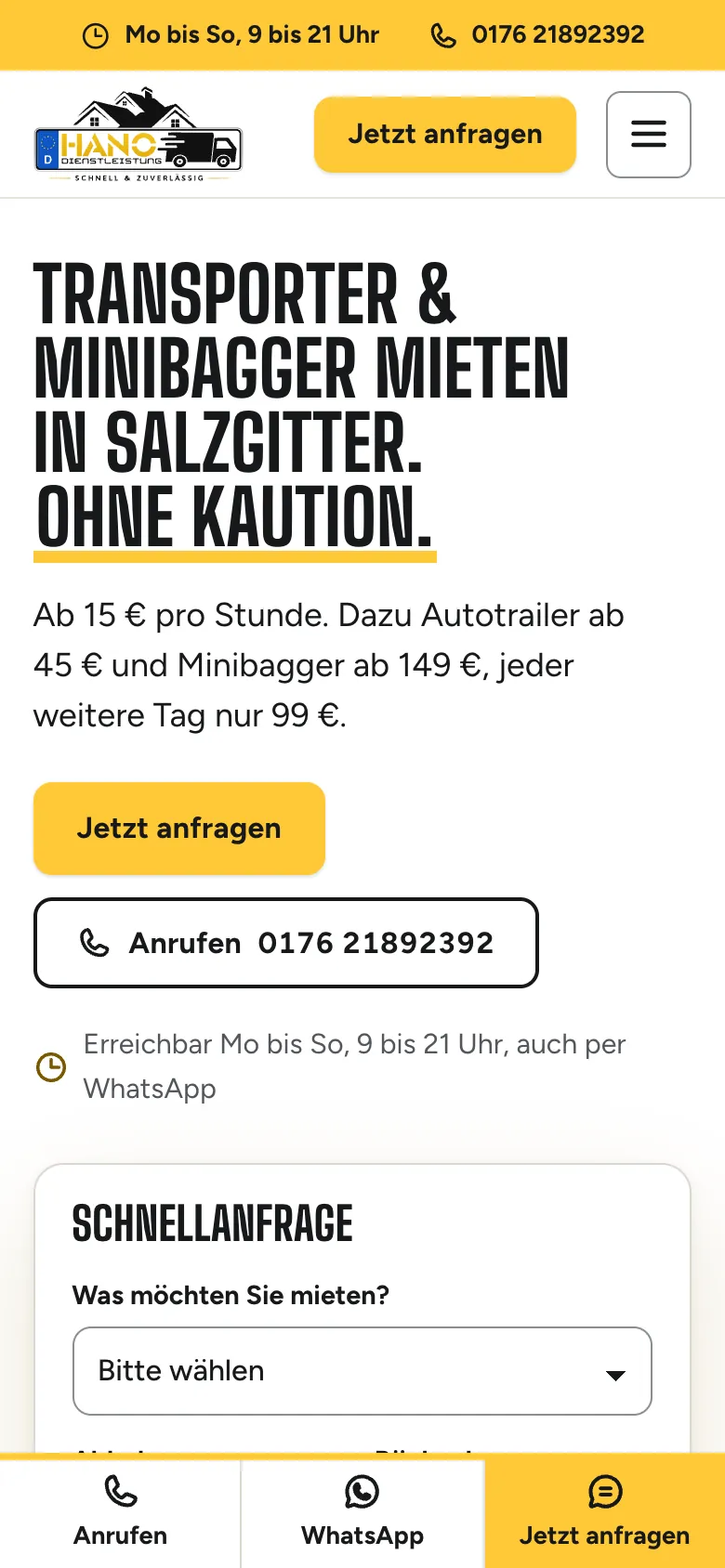 Startseite auf dem Handy mit Schnellanfrage