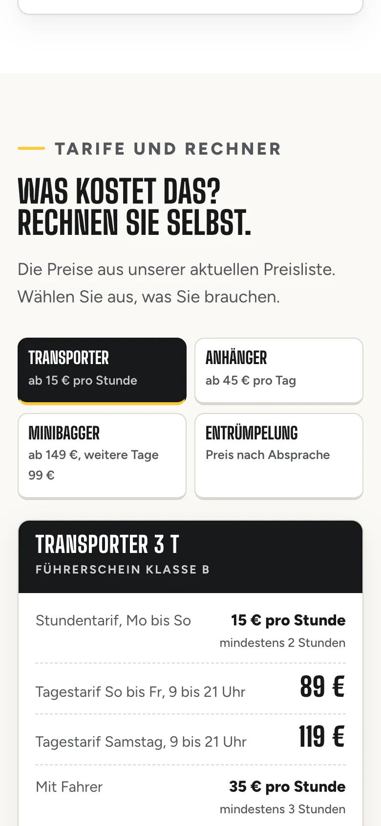 Preisliste und Preisrechner auf dem Handy